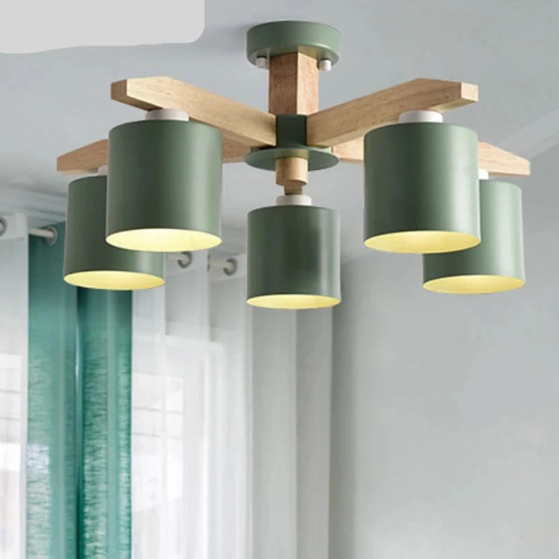 Wooden Chandelier With Cylindrical Metal Lampshades