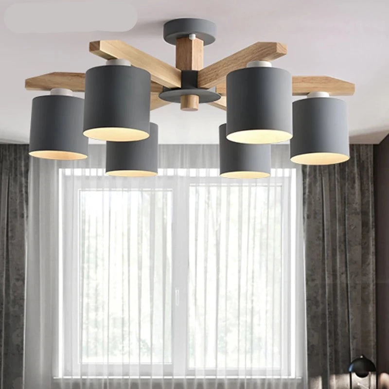 Wooden Chandelier With Cylindrical Metal Lampshades